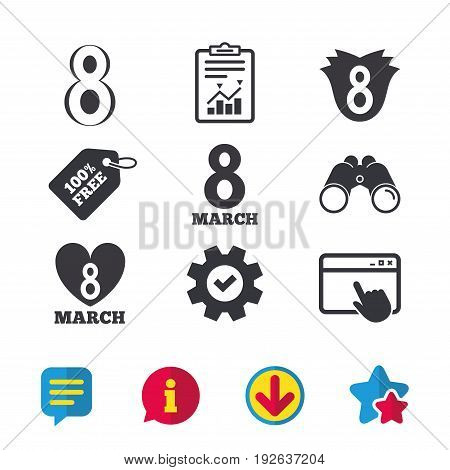 8 March Women's Day icons. Tulip or rose flower and heart sign symbols. Browser window, Report and Service signs. Binoculars, Information and Download icons. Stars and Chat. Vector