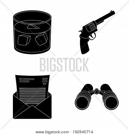A glass of whiskey, a gun, binoculars, a letter in an envelope.Detective set collection icons in black style vector symbol stock illustration .