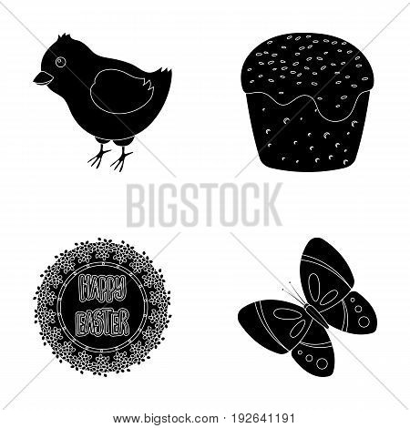 Easter cake, chicken, butterfly and greeting sign.Easter set collection icons in black style vector symbol stock illustration .