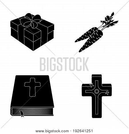 Cross, bible, gift and carrots.Easter set collection icons in black style vector symbol stock illustration .