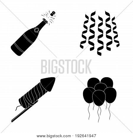 Champagne, fireworks and other accessories at the party.Party and partits set collection icons in black style vector symbol stock illustration .