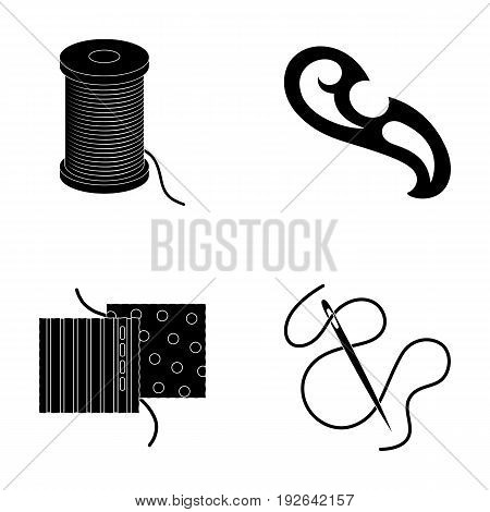 A spool with threads, a needle, a curl, a seam on the fabric.Sewing or tailoring tools set collection icons in black style vector symbol stock illustration .