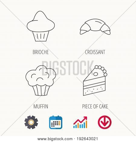 Croissant, brioche and piece of cake icons. Sweet muffin linear sign. Calendar, Graph chart and Cogwheel signs. Download colored web icon. Vector