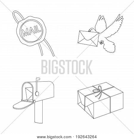 Wax seal, postal pigeon with envelope, mail box and parcel.Mail and postman set collection icons in outline style vector symbol stock illustration .