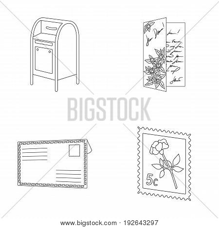 Mailbox, congratulatory card, postage stamp, envelope.Mail and postman set collection icons in outline style vector symbol stock illustration .