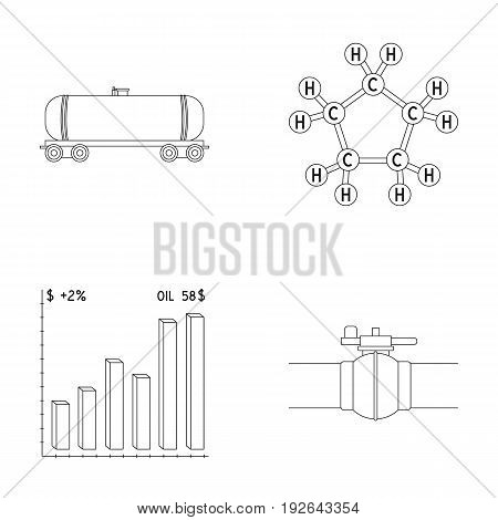 Railway tank, chemical formula, oil price chart, pipeline valve. Oil set collection icons in outline style vector symbol stock illustration .
