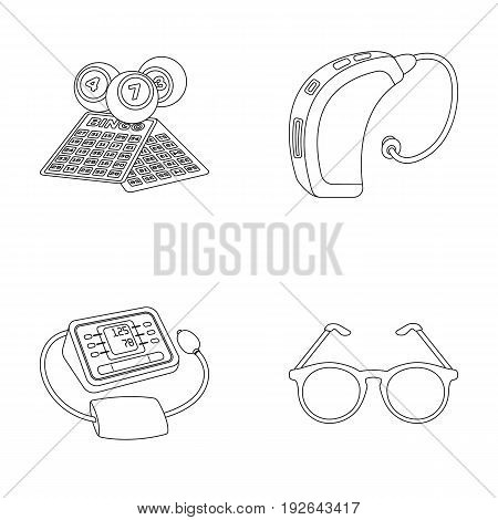 Lottery, hearing aid, tonometer, glasses.Old age set collection icons in outline style vector symbol stock illustration .