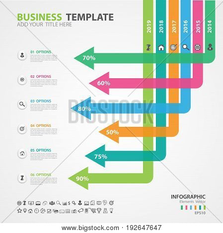 Infographics elements diagram with 6 steps options Vector illustration Arrow icon presentation template advertisment layout Process chart business flyer banner design web design timeline silde