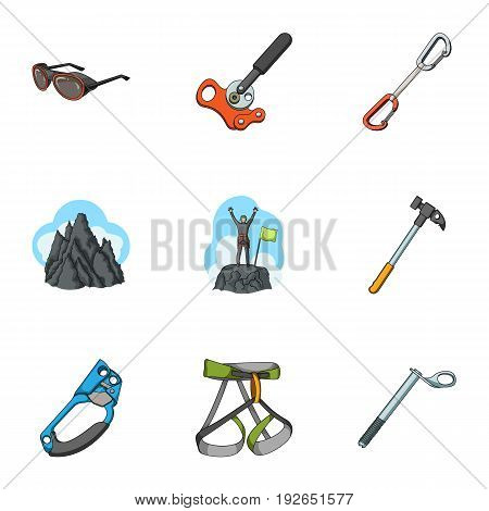 Ice ax, conquered top, mountains in the clouds and other equipment for mountaineering.Mountaineering set collection icons in cartoon style vector symbol stock illustration .