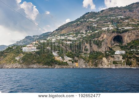View of Conca dei Marini village on Amalfi coast seen from the sea Campania Italy