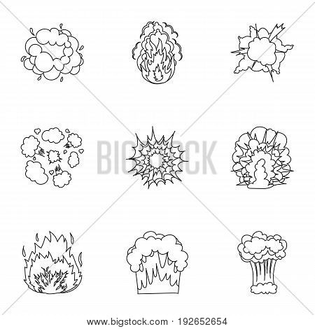 A set of icons about the explosion. Various explosions, a cloud of smoke and fire.Explosions icon in set collection on outline style vector symbol stock web illustration.