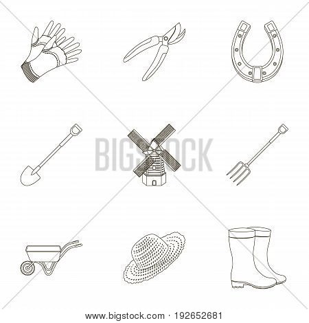 Set of pictures about gardening. Village, vegetable garden, garden, ecology.Farm and Gardening icon in set collection on outline style vector symbol stock web illustration.