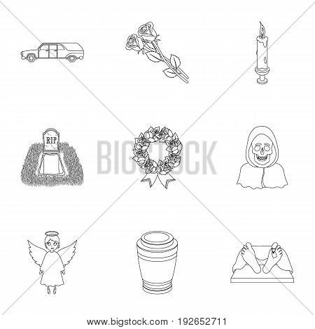 Funeral ceremony, cemetery, coffins, priest.Funeral ceremony icon in set collection on outline style vector symbol stock web illustration.