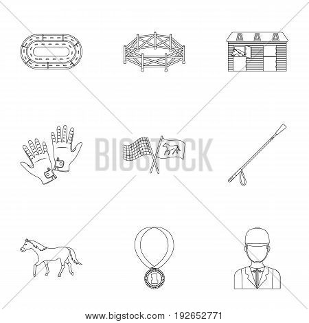 Races on horseback, hippodrome. Horse racing and equipping riders.Hippodrome and horse icon in set collection on outline style vector symbol stock web illustration.