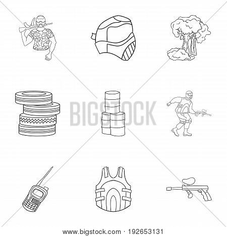 A collection of pictures about the game in paintball. The balloons with paint.Paintball icon in set collection on outline style vector symbol stock web illustration.