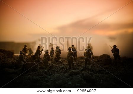 War Concept. Military Silhouettes Fighting Scene On War Fog Sky Background, World War Soldiers Silho