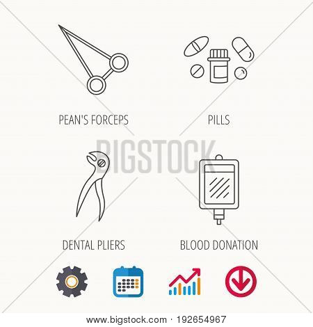 Medical pills, blood and dental pliers icons. Peans forceps linear sign. Calendar, Graph chart and Cogwheel signs. Download colored web icon. Vector