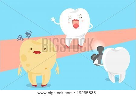 cute cartoon tooth with decay problem and paparazzi on the blue background