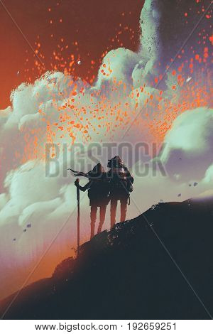 silhouettes of hikers standing on mountain watching smoke with lava explosion from volcano, digital art style, illustration painting