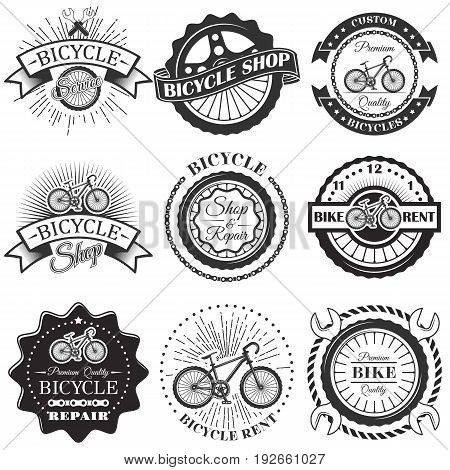 Vector set of bicycle repair shop labels and design elements in vintage black and white style. Bike logo, symbols, emblems.