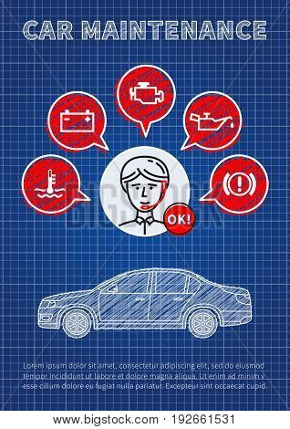 Car maintenance manager blue print vector illustration. Car technical assistant concept with warning signs: check engine oil pressure generator coolant level brake system.