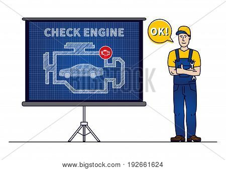 Serviceman with check engine chart board vector illustration. Mechanic and check engine warning sign blue print graphic design. Motor control symbol creative concept.
