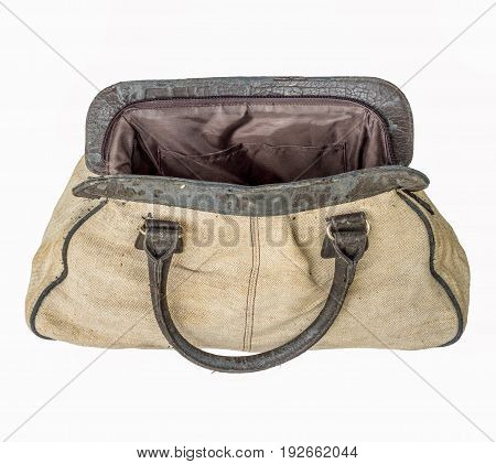 old brown handbag open white background isolated
