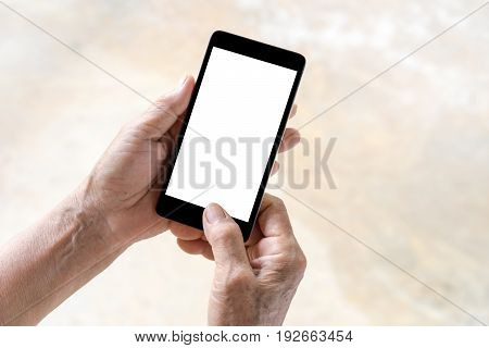 older person, hand holding and touch smart phone with blank white screen