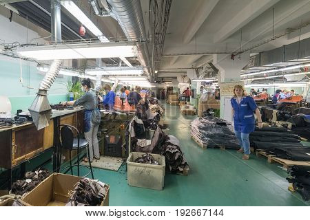 MOSCOW, RUSSIA - FEBRUARY 21, 2017: Moscow shoe factory JSC RALF RINGER. Shop processing of leather blanks.