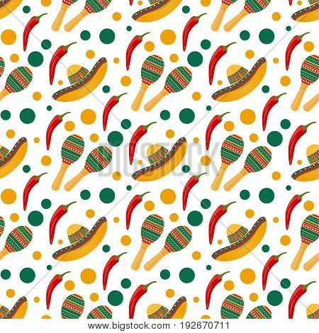 Bright seamless pattern with sombrero, Mexican attributes. Maracas, red chili peppers, green and yellow circles