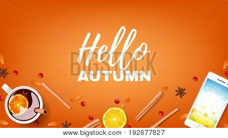 Orange beautiful web banner hello autumn. Top view on composition with cinnamon sticks, cup of mulled wine, rowan on orange background. Vector illustration.