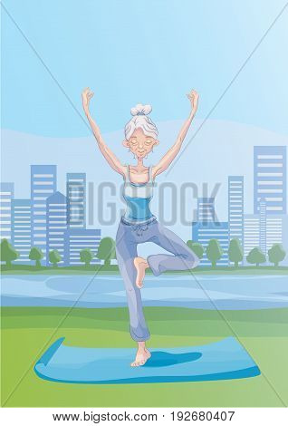 An elderly gray-haired woman practice yoga outdoors in city park, standing on one leg. Active lifestyle and sport activities in old age. Vector illustration.