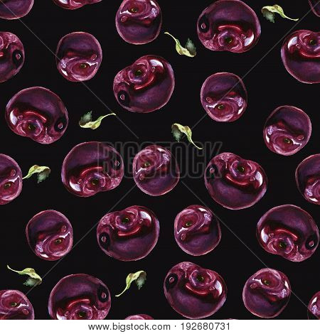 Seamless pattern. Hand drawn watercolor realistic illustration. Vinous cherry. Isolated on black background. Red berries. Juicy, fresh, eco-friendly.