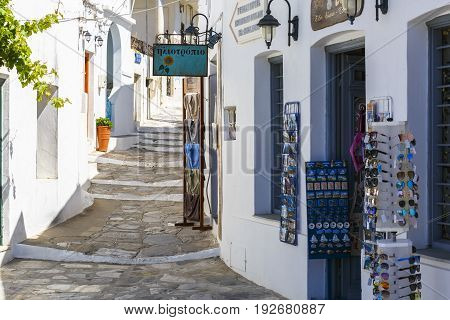 APOLLONIA, GREECE - MAY 20, 2017: Shops in the old village of Apollonia on Sifnos island in Greece on May 20, 2017.