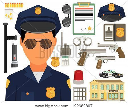 Vector illustration with policeman. Flat style. Elements for infographic.