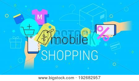 Mobile shopping on smartphone concept illustration. Human hands hold smart phone with app for fast ordering and buying goods and services with promo price and discounts. Creative e-commerce blue banner