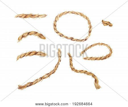 Watercolor hand drawn background with the linen rope. Set of cable ropes. Jute rope with bow watercolor. Twine. Isolated illustration on white background.
