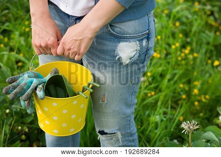Closeup of woman's hands in gardening gloves holding metal bucket with garden tools: spade and rake. Working in the gaden planting. Lifestyle.