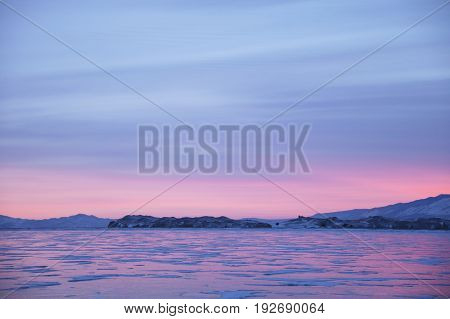 Cape Uyuga Sunset Landscape. Lake Baikal, Winter.