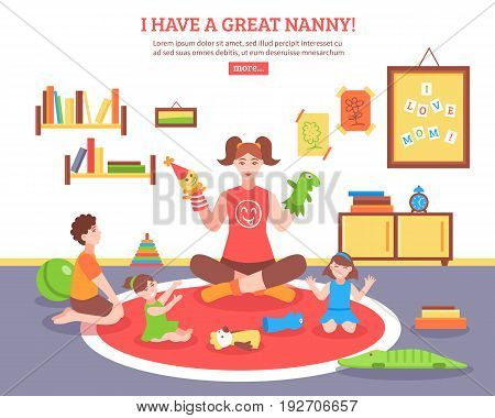 Babysitter concept  with nanny children and toys in the room  flat vector illustration