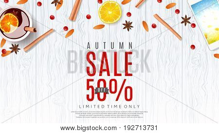 Beautiful web baner for autumn sale. Vector illustration. Top view on composition with cup of mulled wine, orange, rowan, cinnamon sticks on wooden texture.