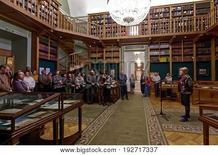 ST. PETERSBURG, RUSSIA - MAY 25, 2017: Opening of the exhibition Peter The Great And His Paradise in the main building of National Library of Russia. Exhibition is dedicated to 314 anniversary of city
