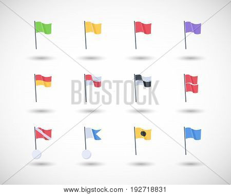 Beach warning flags vector icons set Flat design of international beach flag signs with round shadow isolated on the white background vector illustration