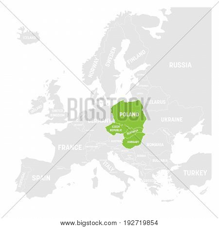 Visegrad Four map states highlighted by green in map of Europe. White country name labels and isolated on white background. Vector illustration.