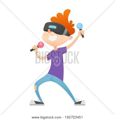 Cartoon boy character playing videogames in virtual reality with VR headset on his head, holding controllers, having fun. Great for games presentation, print media for teenagers and web design