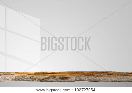 window light and shadow interior white room, wood shelf studio gray background