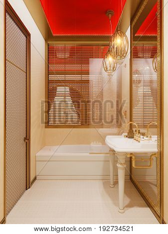 3d illustration, interior design bathroom of a hotel room in a traditional Islamic style. Beautiful deluxe room Ramdan Kareem background interior view decorated with Islamic motifs.
