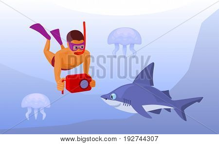 free diver with snorkel, fins and mask holds a waterproof camera looking at a shark and jellyfishes underwater, cartoon vector