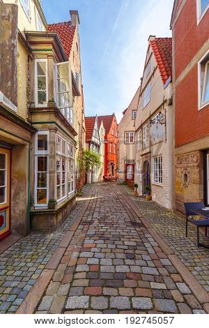 Medieval Bremen street Schnoor with half-timbered houses in the centre of the Hanseatic City of Bremen, Germany
