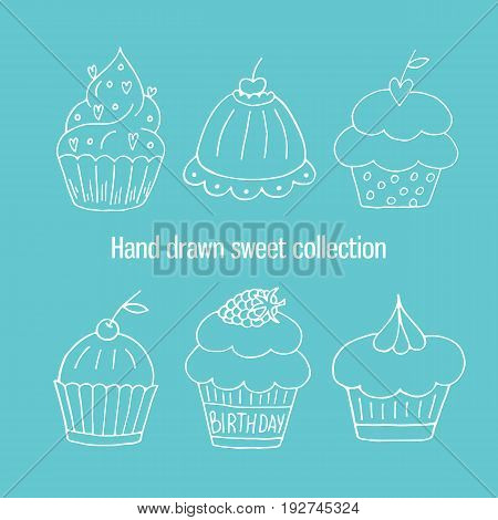 Hand drawn isolated birthday cake. Cute sweet vector bakery set